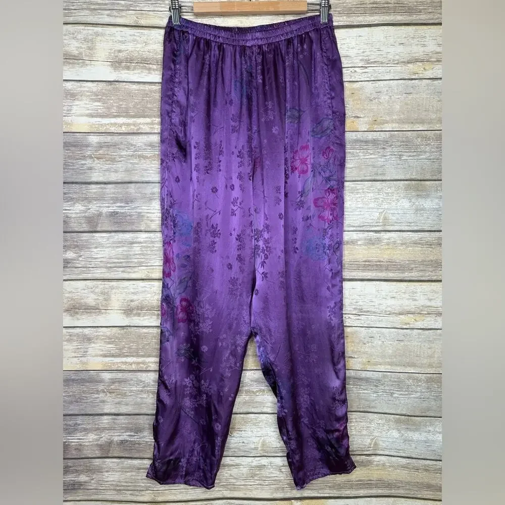 URU Purple Satin Silk V-Neck Sleep Set - Women's Two-Piece Loungewear L